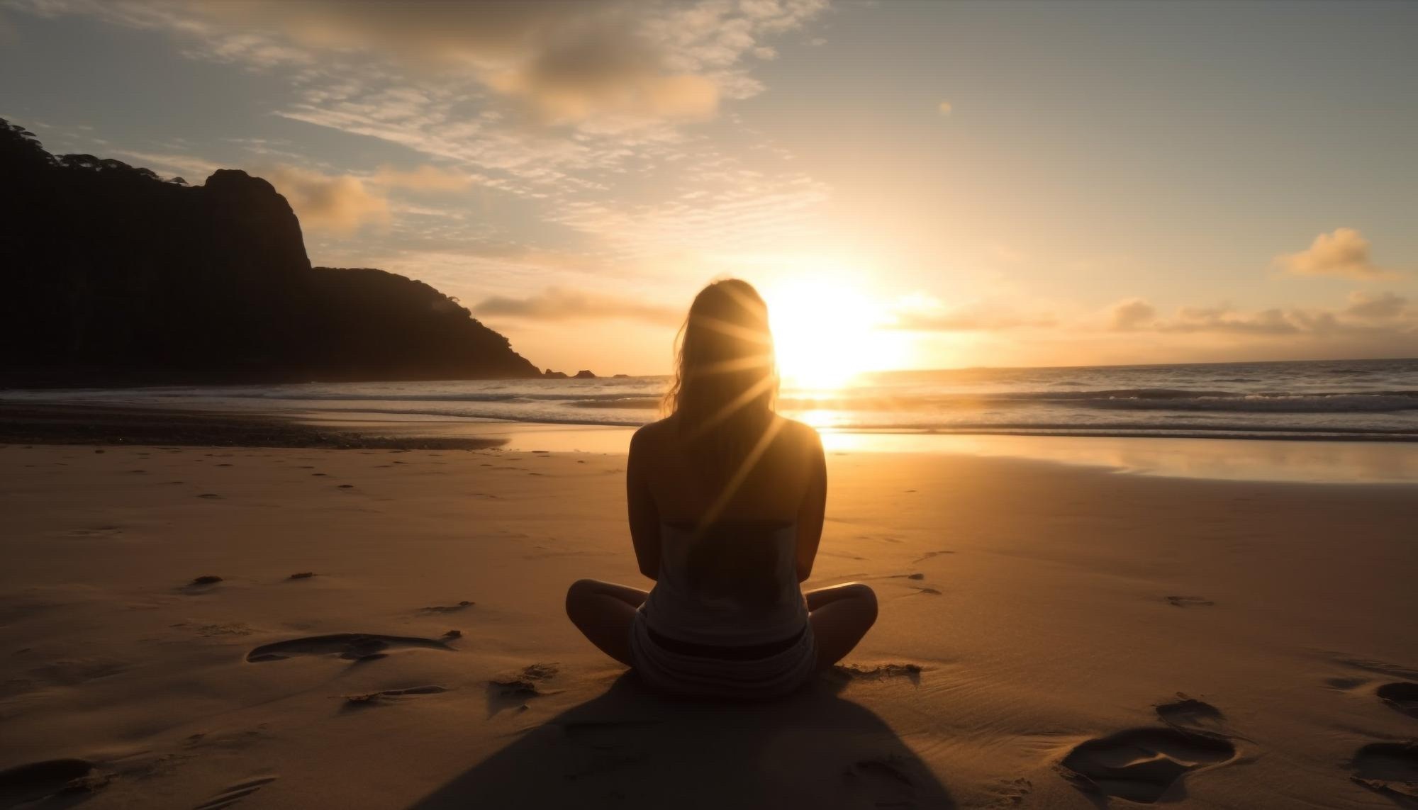 DEVINUS spirituele reis Ibiza - een vrouw mediteert tegenlicht door een rustige zonsopgang